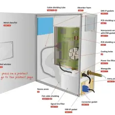 Wnętrze klatki Faraday'a z widocznym układem elektronicznym, filtrami i elementami ekranującymi.