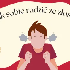 Chcesz wiedzieć, jak radzić sobie ze złością? Ilustracja pokazuje zdenerwowaną postać, która próbuje się uspokoić, trzymając uśmiechniętą buźkę.