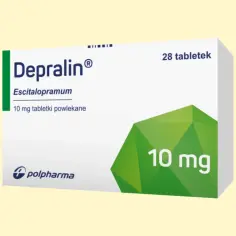 Opakowanie leku Depralin 10 mg, zawierające 28 tabletek powlekanych z escitalopramum.