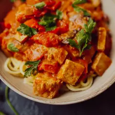 Pyszny makaron z tofu i warzywami w sosie pomidorowym, udekorowany natką pietruszki.