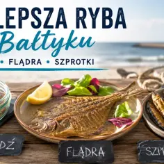 Trzy rodzaje ryb bałtyckich: śledź, flądra i szprotki, na tle plaży.