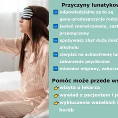 Kobieta w piżamie z opaską na oczach, jak lunatyk, siedzi na łóżku. Obok lista przyczyn i pomocy przy lunatykowaniu.