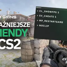 Konsola CS2 z komendami: sv_cheats 1, noclip. Tytuł "Najważniejsze komendy w CS2".