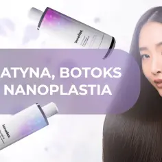 Kobieta z lśniącymi włosami i produktami do pielęgnacji. Porównanie zabiegów na włosy: keratyna, botoks, nanoplastia.