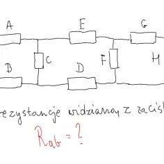 Schemat obwodu elektrycznego z rezystorami A, B, C, D, E, F, G, H. Zadanie: obliczanie rezystancji widzianej z zacisków a i b. Rab = ?