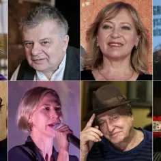 Portretowa kolaż ośmiu aktorów seniorów, w tym kobiety z warkoczem, mężczyzny z papierosem i starszego pana w kapeluszu.
