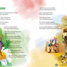 Ilustracja do wiersza "Chrząszcz" Jana Brzechwy. Wół rozmawia z chrząszczem, który siedzi na kwiatku.
