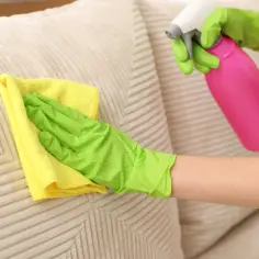 Rękawiczki i ściereczka pomagają w walce z sierścią na kanapie. Spray ułatwia czyszczenie.