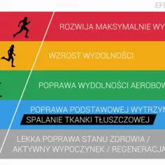 Grafika pokazuje poziomy wysiłku i ich efekty, od maksymalnego po bardzo lekki. Umiarkowany wysiłek poprawia tętno aerobowe.