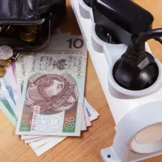 Portfel z pieniędzmi i monetami obok listwy zasilającej. Czy to zapowiedź bonu energetycznego 2026?