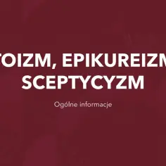 Napis "STOICYZM, EPIKUREIZM I SCEPTYCYZM" na ciemnoróżowym tle.