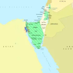 Mapa Półwyspu Synaj, Egiptu i Izraela. Izrael sąsiaduje z Egiptem i Jordanią. Zaznaczono miasta i Morze Śródziemne.