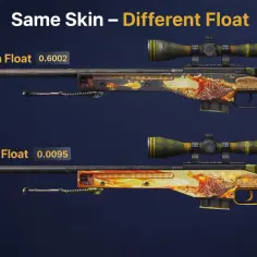 Dwa karabiny AWP z tym samym skinem smoka, ale różnym float cs. Górny ma wysoki float (0.6002), dolny niski (0.0095).