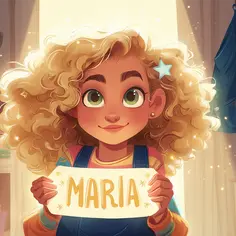 Uśmiechnięta dziewczynka z burzą blond włosów trzyma tabliczkę z napisem "MARIA". Piękne imiona dla dziewczynek.