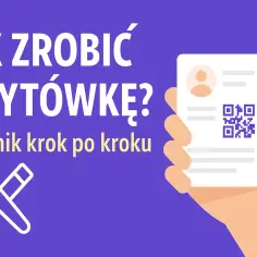 Jak samemu zrobić wizytówki? Poradnik krok po kroku z ikoną pędzla i ołówka. Dłoń trzyma wizytówkę z QR kodem.