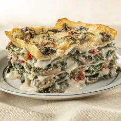 Pyszna lasagne ze szpinakiem i grzybami, podana na talerzu. Idealna propozycja, co zamiast wina do lasagne, gdy szukasz czegoś lekkiego.