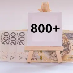 Pieniądze (banknoty 200 zł) i tabliczka z napisem "800+".