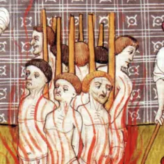 Ilustracja średniowieczna: mężczyźni w białych tunikach paleni na stosie, otoczeni przez postacie w czerwonych szatach.