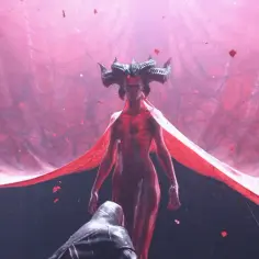 Lilith z Diablo 4, otoczona czerwoną mgłą i płatkami, wznosi się nad klęczącą postacią.