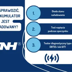Jak sprawdzić akumulator: dioda stanu, test napięcia, tester diagnostyczny. Logo TNH.