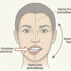 Ilustracja pokazuje asymetrię twarzy i jednostronny zgryz krzyżowy, podkreślając nierówności w linii pośrodkowej.