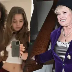 Katarzyna Figura z córkami. Młode dziewczyny robią selfie, podczas gdy aktorka pozuje w fioletowym żakiecie.