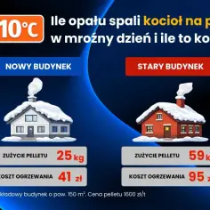 Termometr pokazuje -10°C. Obok dwa domy: nowy i stary, z informacją o zużyciu pelletu i koszcie ogrzewania.
