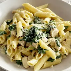 Penne z kurczakiem, szpinakiem i suszonymi pomidorami, polane kremowym sosem i posypane parmezanem. Pyszne danie pełne smaku.