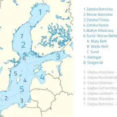 Mapa Bałtyku z zaznaczonymi obszarami i głębokościami. Różne strefy wskazują na zmienne zasolenie Bałtyku.