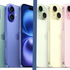 Rząd kolorowych iPhone'ów, od różowego po niebieski, z widocznym interfejsem iOS 15.