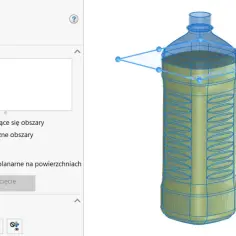 Model 3D butelki z zaznaczonym przekrojem. Narzędzie "Przecięcie" pozwala określić, jak obliczyć pojemność zbiornika, tworząc wewnętrzne obszary.