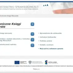 Strona Ministerstwa Sprawiedliwości z opcjami przeglądania i składania wniosków o odpis z księgi wieczystej.
