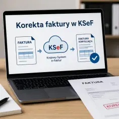 Diagram na ekranie laptopa pokazuje proces korekty faktury w KSeF. Obok leży notatnik z napisem "FAKTURA korekta" i długopis.