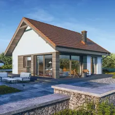 Nowoczesny bungalow z dużymi oknami i tarasem, otoczony zielenią. Idealne miejsce na relaks.