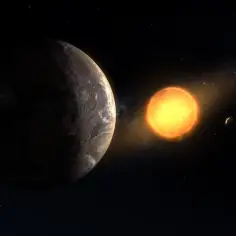 Ziemiopodobna planeta Kepler-186f w kosmosie, oświetlona przez swoją gwiazdę.