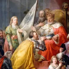 Król zasiada na tronie, klęka przed nim rycerz. W tle widać młodych ludzi i żołnierzy, a także sztandary. Scena nawiązuje do historii Prus.