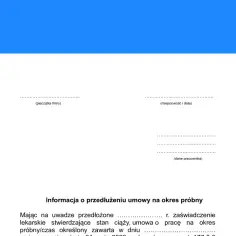 Informacja o przedłużeniu umowy na okres próbny. Czy umowa na okres próbny wlicza się do limitu 33 miesięcy? Dokument zawiera dane pracownika i pieczątkę firmy.