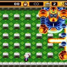 Bomberman walczy z gigantycznym robotem, który próbuje go bombami zniszczyć.