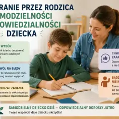 Matka wspiera syna w nauce. Podkreśla się znaczenie samodzielności i odpowiedzialności dziecka, jakby miała starą duszę.