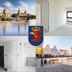 Szczecin: panorama miasta, wnętrza w remoncie, herb Gryfa i kolorowe kamienice.
