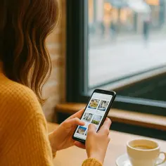 Kobieta w żółtym swetrze przegląda zdjęcia na telefonie, korzystając z danych komórkowych. Obok filiżanka kawy.
