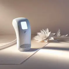 Elegancki depilator laserowy obok białego kwiatu. Idealny do domowego użytku, wspiera ranking depilatorów laserowych.