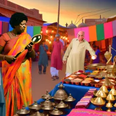 Kolorowy targ w Indiach. Kobieta z Indii z lupą przygląda się dwóm turystom. Czy Indie są bezpieczne?