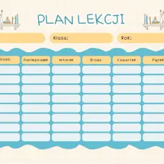 Uroczy plan lekcji dla 6 klasy. Puste pola czekają na wpisanie przedmiotów, godzin i dni tygodnia.