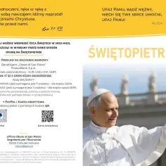 Papież Franciszek w białej sutannie pozdrawia wiernych. Obok tekst o wsparciu misji Ojca Świętego i ofiarze na świętopietrze.