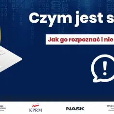 Grafika przedstawia laptopa z tarczą i kłódką, symbolizującą bezpieczeństwo. Obok znajduje się smartfon z gwiazdkami, sugerującymi hasło. Tekst pyta "Czym jest spoofing?" i radzi, jak go rozpoznać.