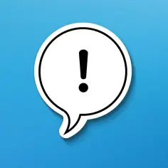 Białe okrągłe pole dialogowe z czarnym wykrzyknikiem na niebieskim tle.
