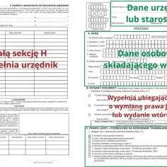 Wniosek o wydanie lub wymianę **wojewódzkiego prawa jazdy**. Sekcja H wypełniana jest przez urzędnika.