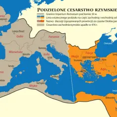 Mapa pokazuje podział Cesarstwa Rzymskiego na część zachodnią i wschodnią. Widoczne prowincje to m.in. Galia, Italia, Afryka i Azja, a także Konstantynopol, stolica wschodniej części, która dała początek Bizancjum.