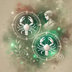 Panna i Rak w kosmicznym tańcu. Dwa znaki zodiaku, Rak i Panna, otoczone mgławicami i gwiazdami, symbolizują harmonię i przeciwieństwa.